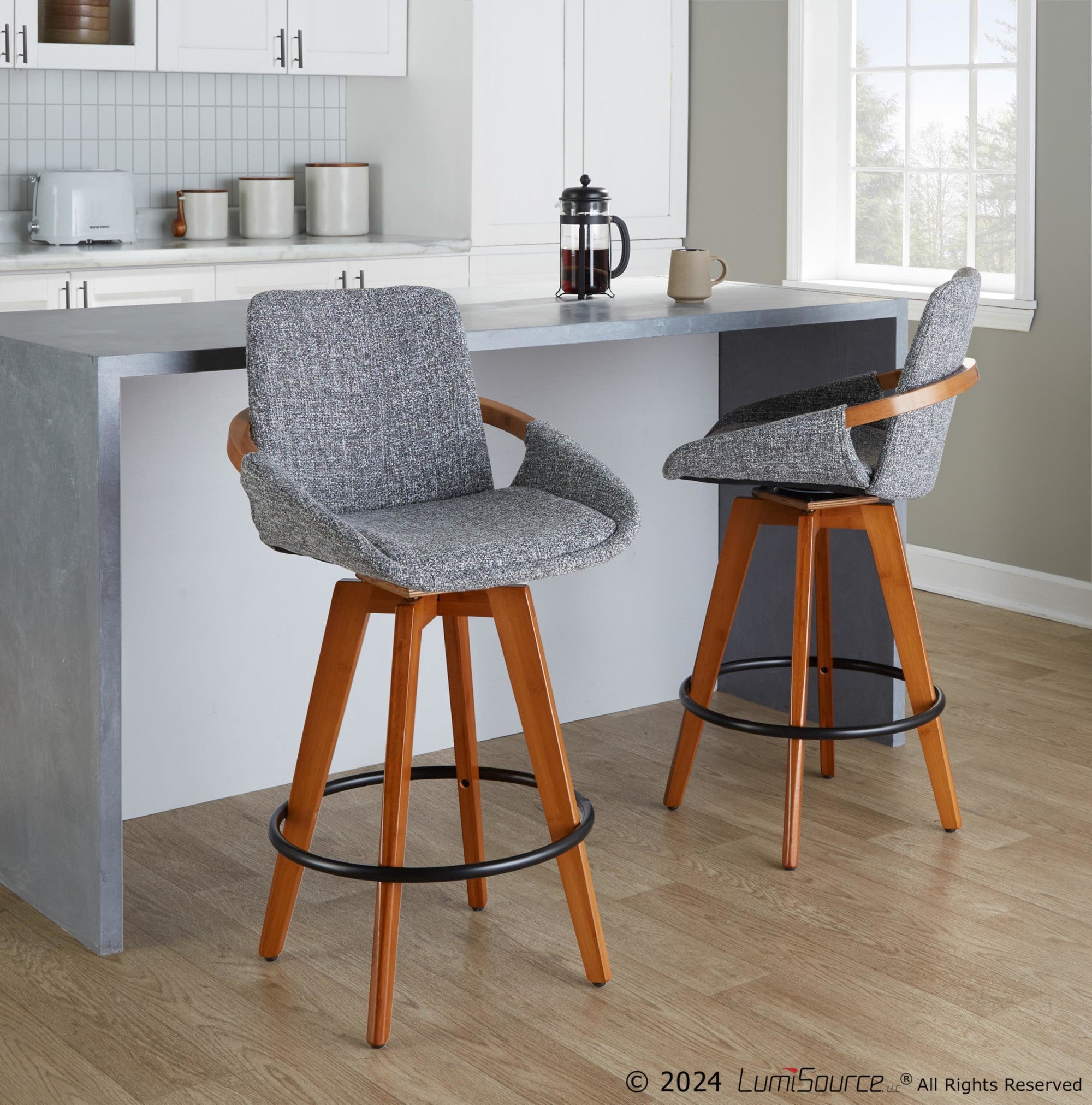 Cosmo 26" Fixed-Height Counter Stool - Walnut Bamboo, Grey Noise Fabric, Black Metal
