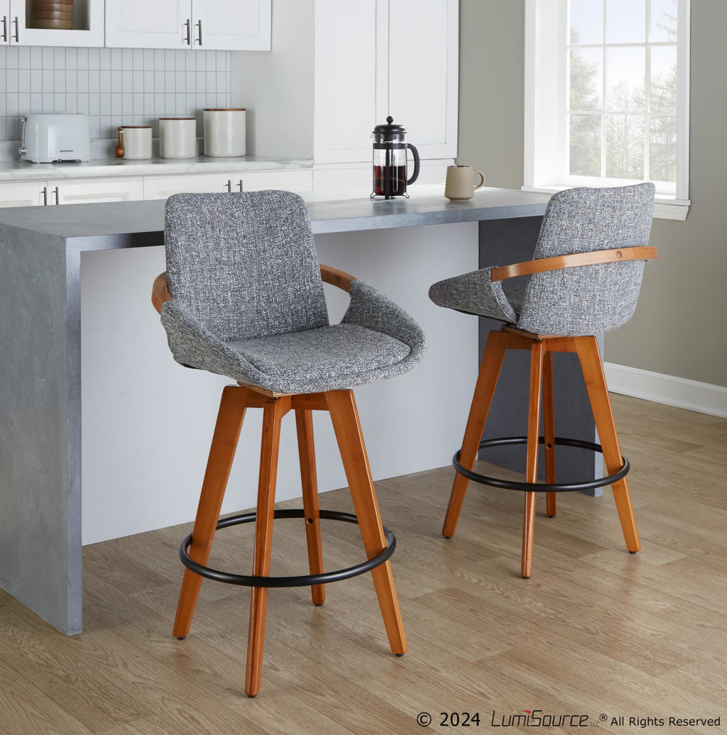 Cosmo 26" Fixed-Height Counter Stool - Walnut Bamboo, Grey Noise Fabric, Black Metal