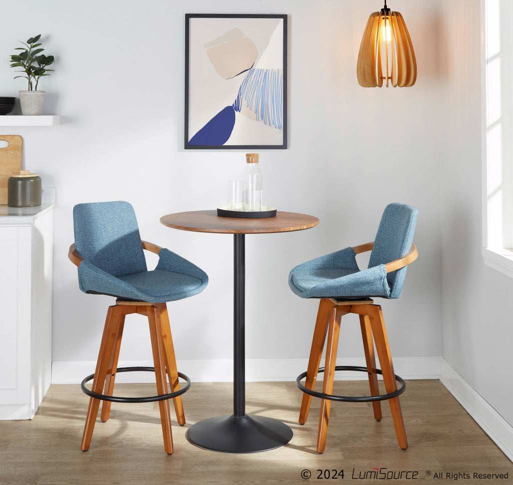 Cosmo 26" Fixed-Height Counter Stool - Walnut Bamboo, Blue Noise Fabric, Black Metal