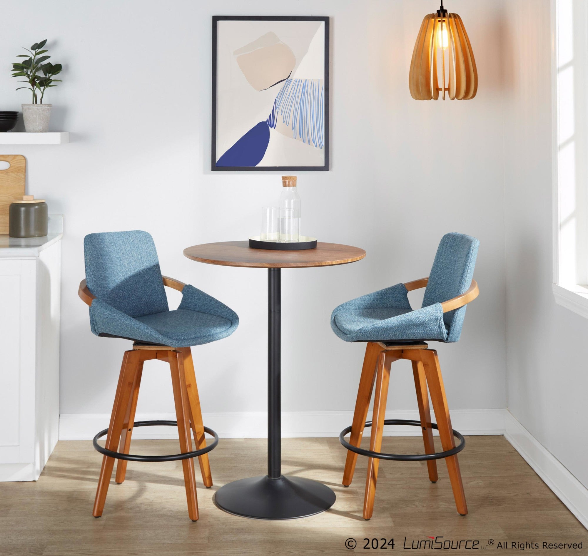 Cosmo 26" Fixed-Height Counter Stool - Walnut Bamboo, Blue Noise Fabric, Black Metal