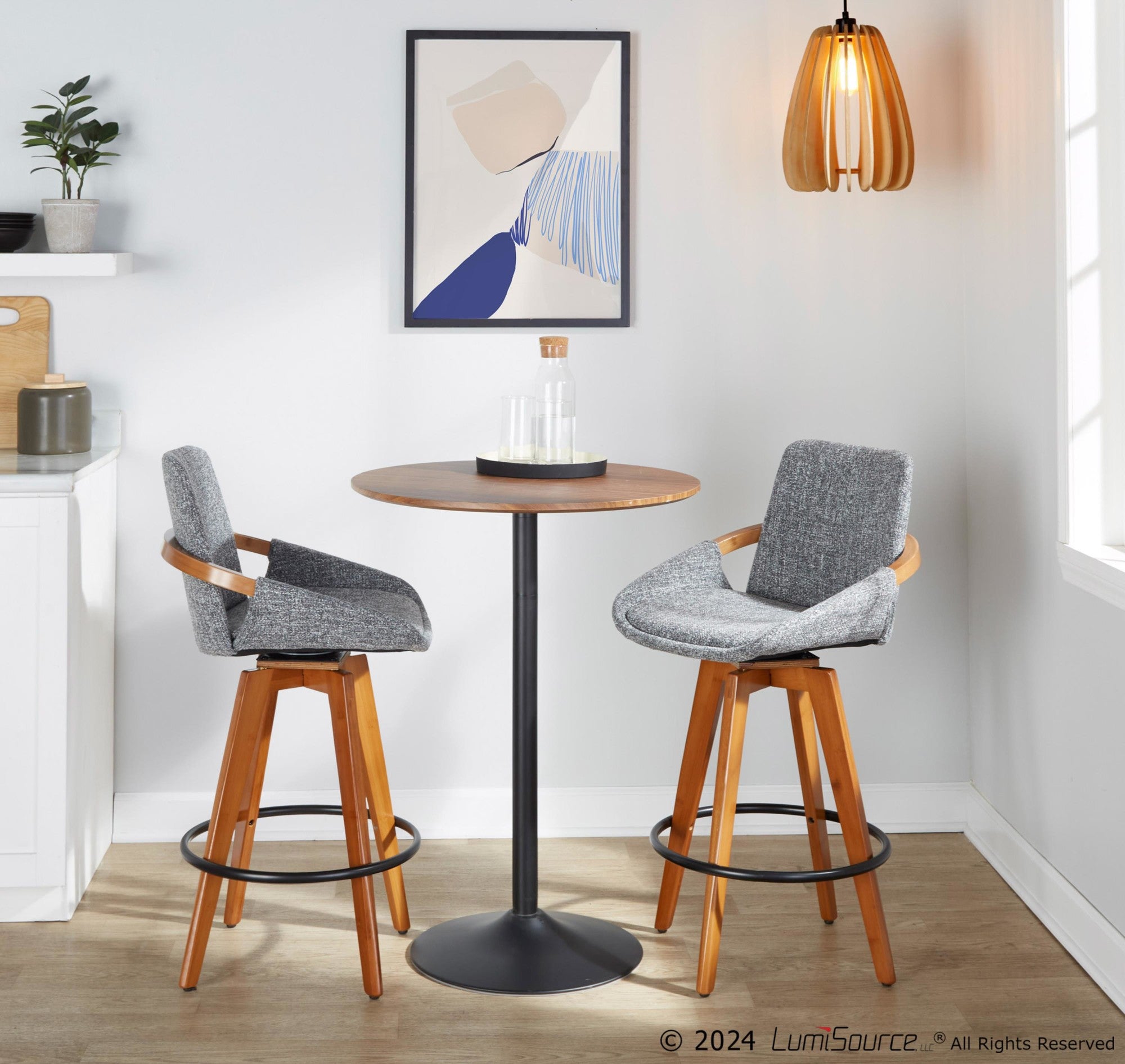 Cosmo 26" Fixed-Height Counter Stool - Walnut Bamboo, Grey Noise Fabric, Black Metal