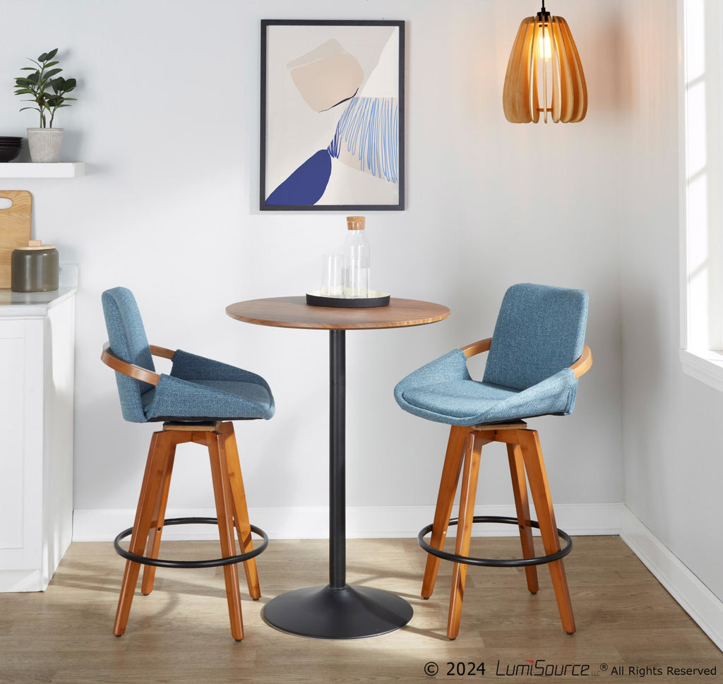 Cosmo 26" Fixed-Height Counter Stool - Walnut Bamboo, Blue Noise Fabric, Black Metal