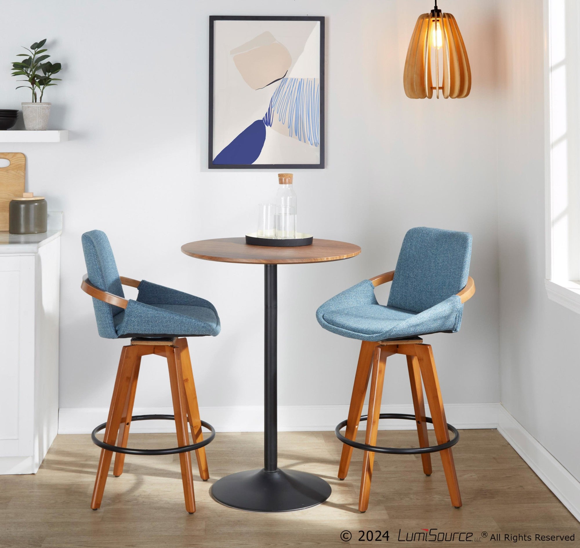 Cosmo 26" Fixed-Height Counter Stool - Walnut Bamboo, Blue Noise Fabric, Black Metal