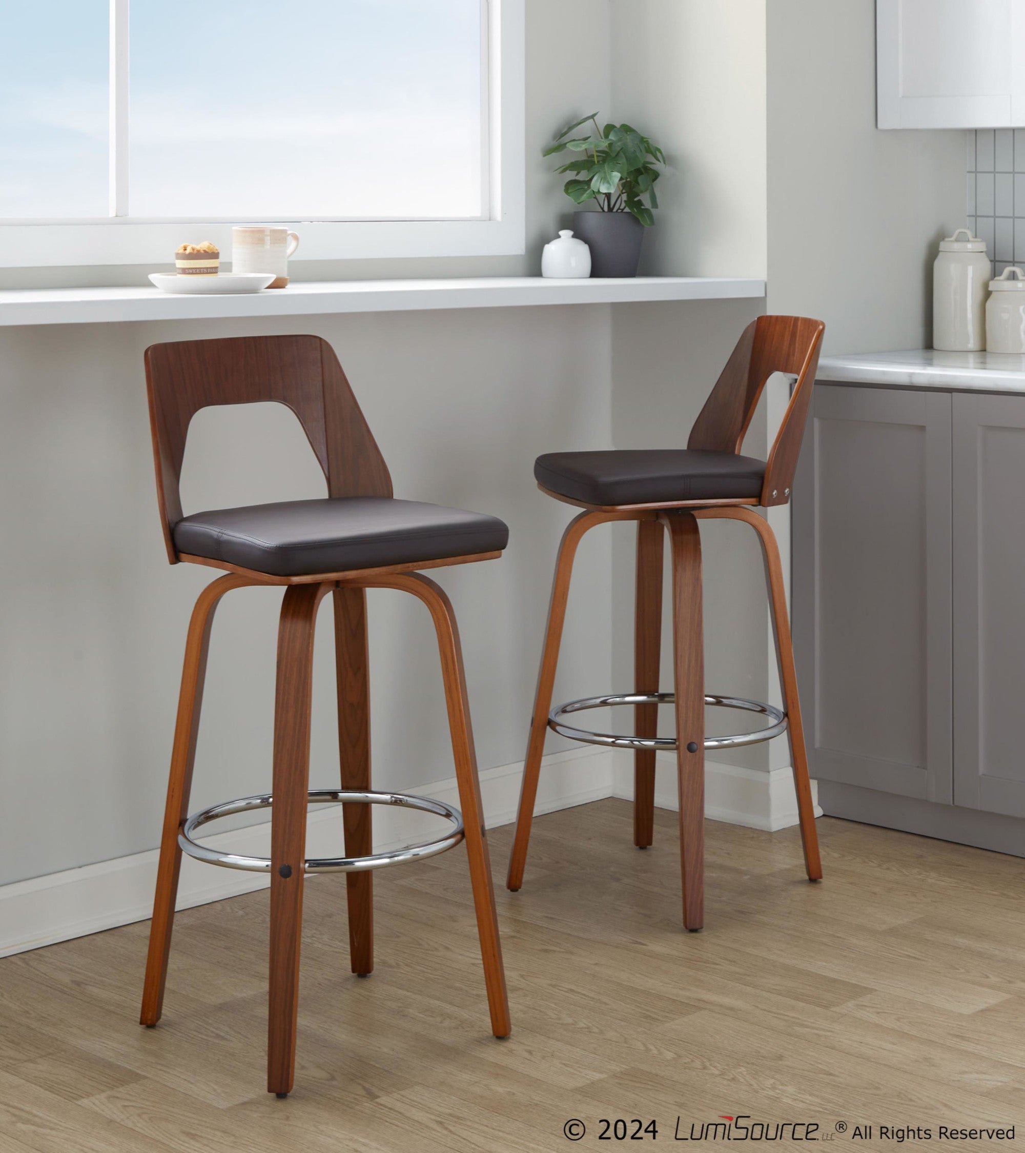 Trilogy 30" Fixed-Height Barstool - Set of 2 - Walnut Wood, Brown PU, Chrome