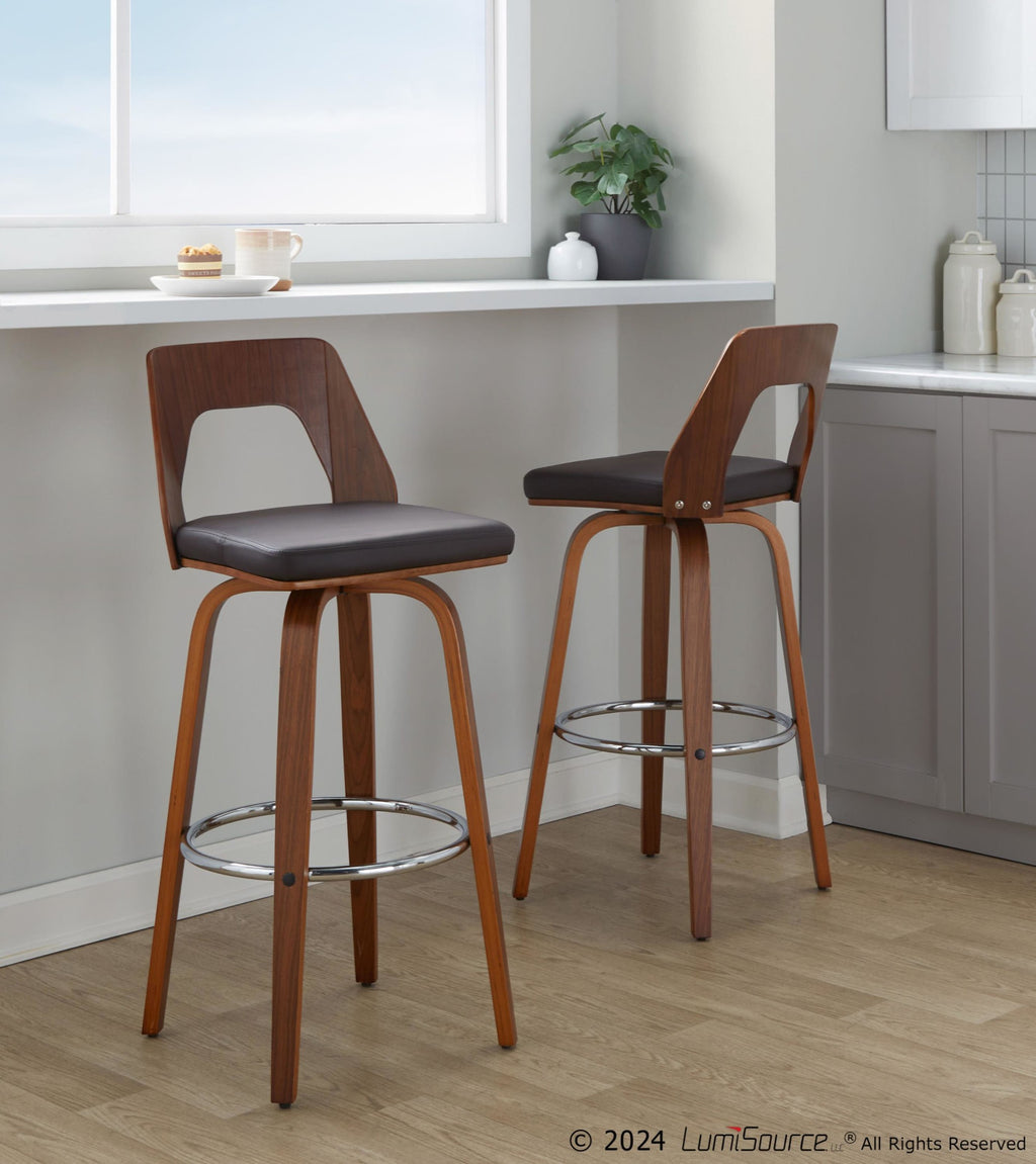 Trilogy 30" Fixed-Height Barstool - Set of 2 - Walnut Wood, Brown PU, Chrome