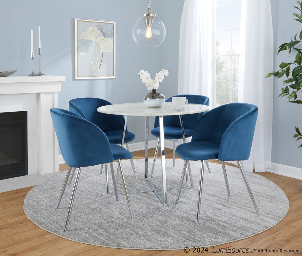 Cosmo-fran Dining Set - 5 Piece - Chrome Metal, White Marble, Blue Velvet