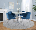 Cosmo-fran Dining Set - 5 Piece - Chrome Metal, White Marble, Blue Velvet