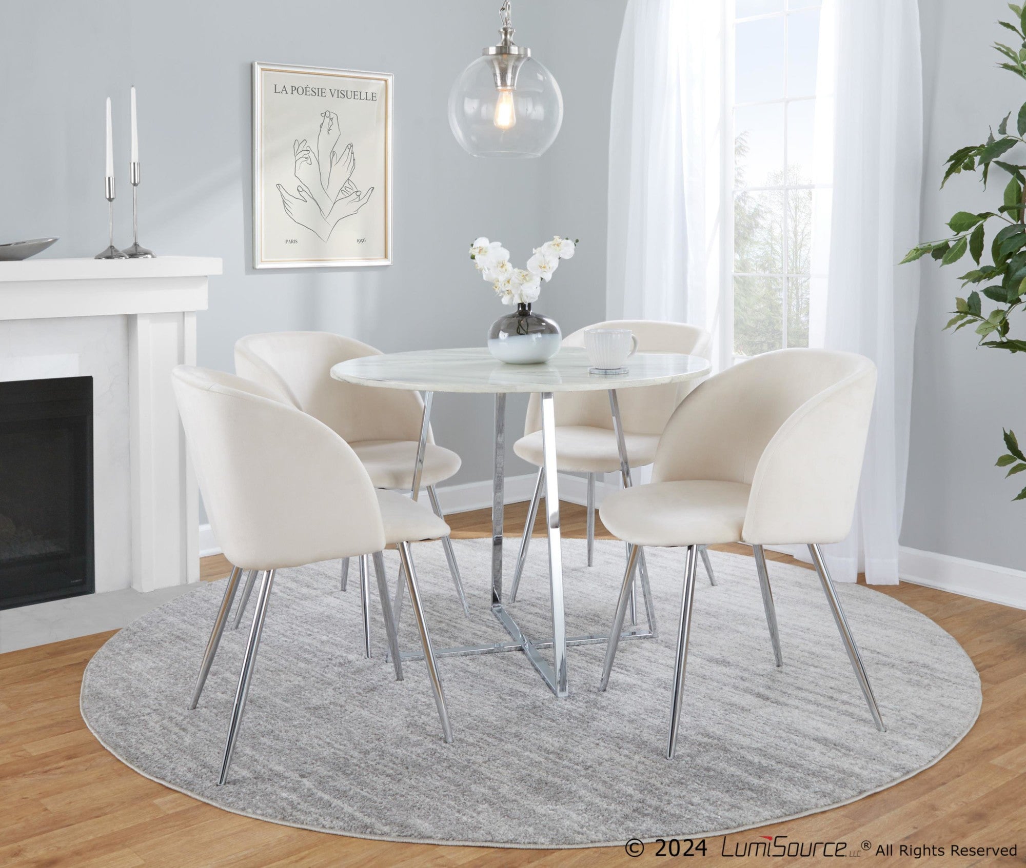 Cosmo-fran Dining Set - 5 Piece - Chrome Metal, White Marble, Cream Velvet
