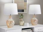 Gloria Round 20" Glass Accent Lamp - Set of 2 - Clear Champagne Lustre Glass, Chrome Metal, White Linen