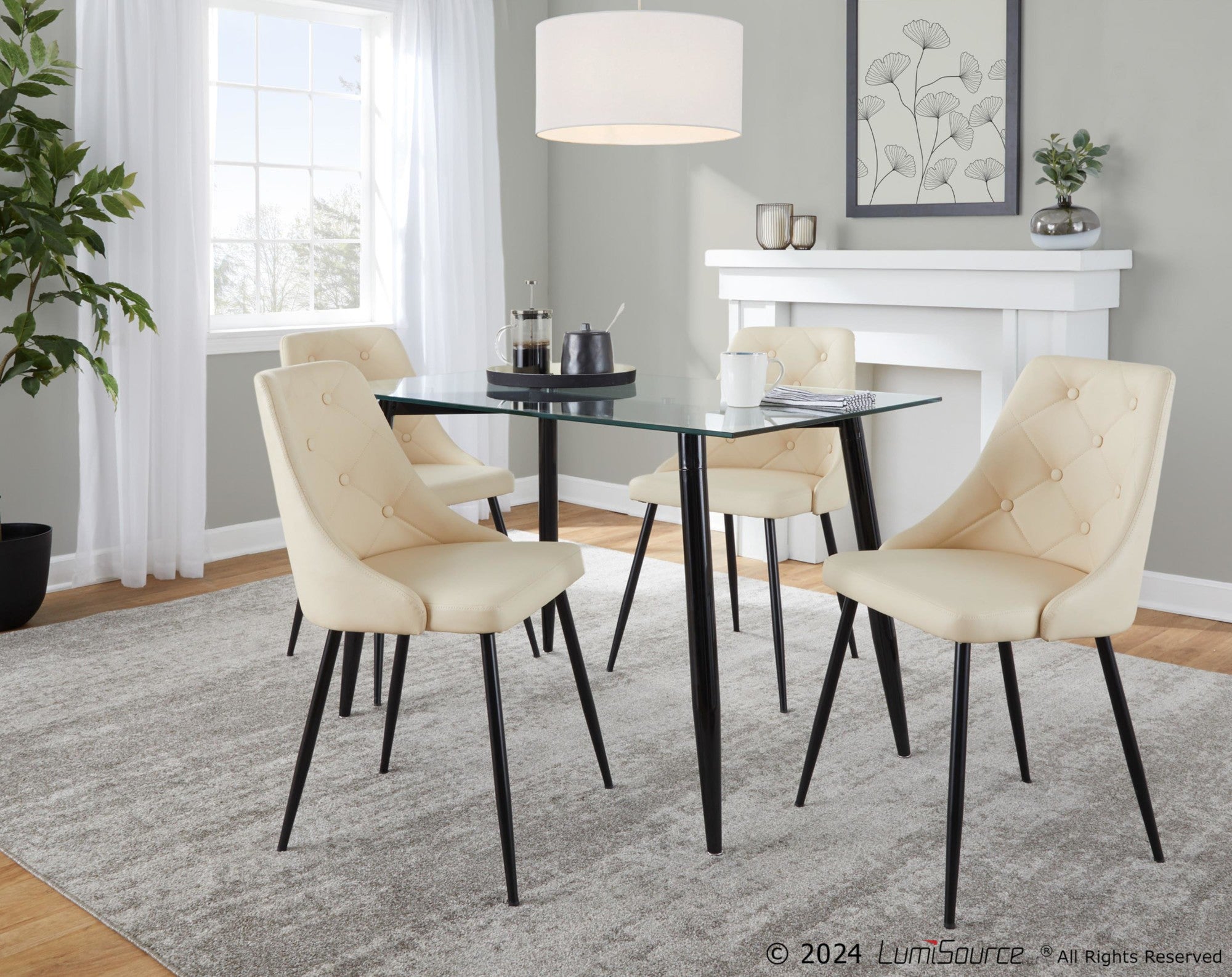 Clara-giovani Dining Set - 5 Piece - Black Metal, Clear Glass, Cream PU