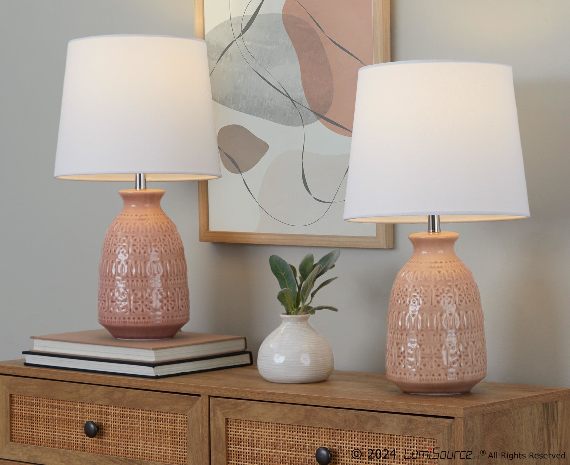 Claudia 20" Ceramic Accent Lamp - Set of 2 - Rose Tan Ceramic, Polished Nickel, White Linen