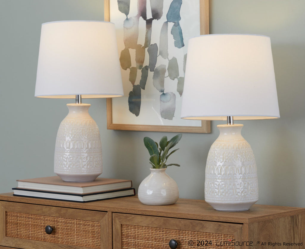 Claudia 20" Ceramic Accent Lamp - Set of 2 - Off-white Ceramic, Polished Nickel, White Linen