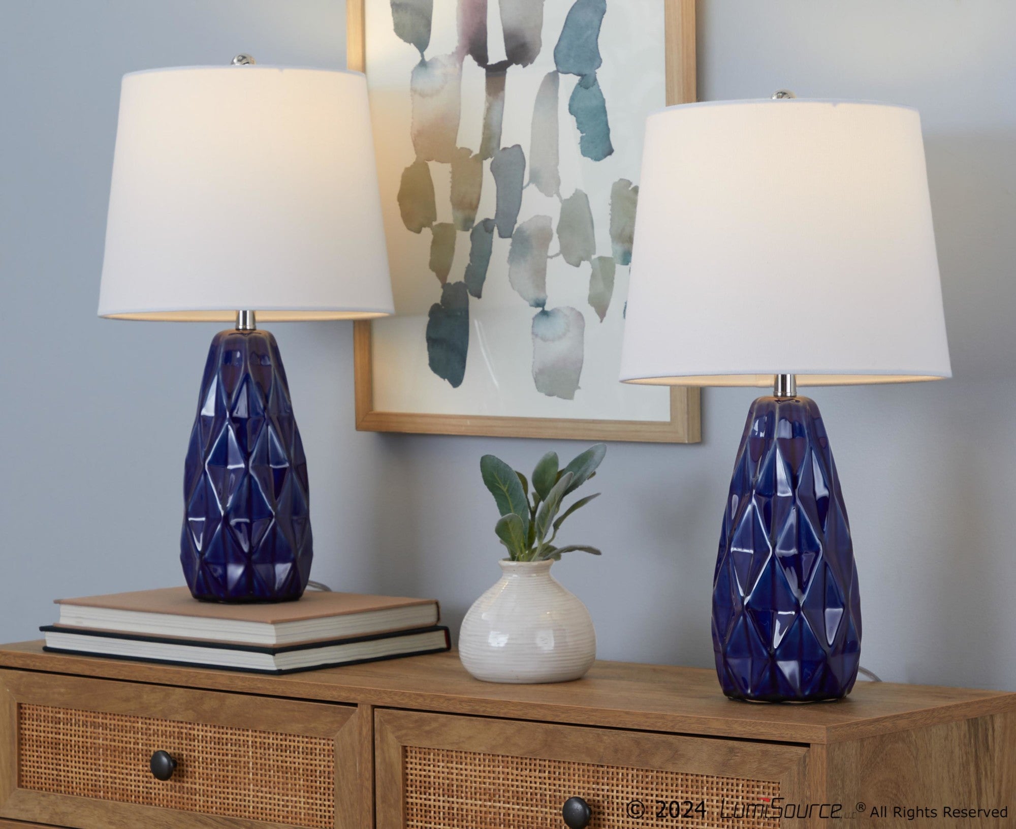 Hex 20" Ceramic Accent Lamp - Set of 2 - Estate Blue Ceramic, Polished Nickel, White Linen