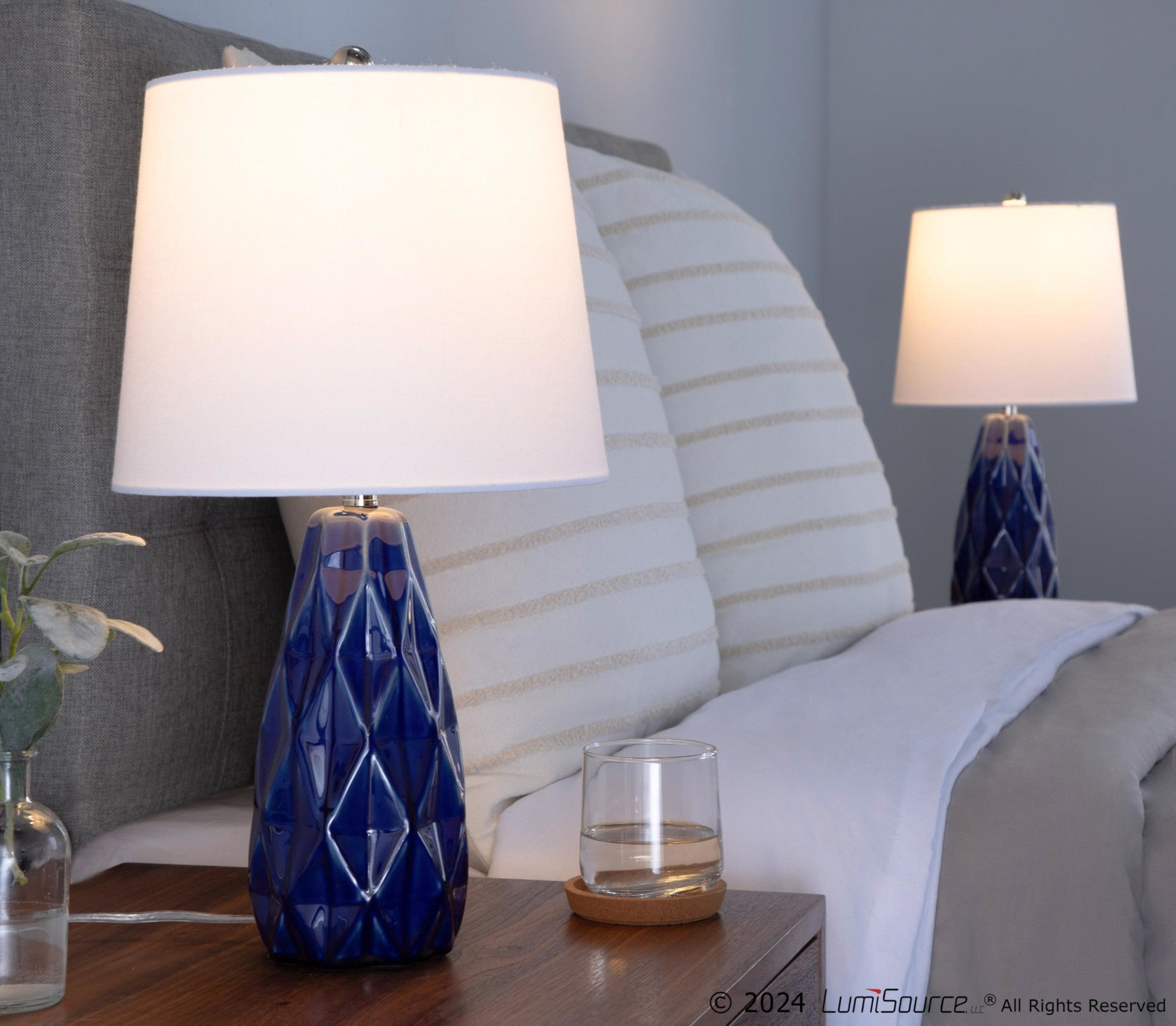 Hex 20" Ceramic Accent Lamp - Set of 2 - Estate Blue Ceramic, Polished Nickel, White Linen