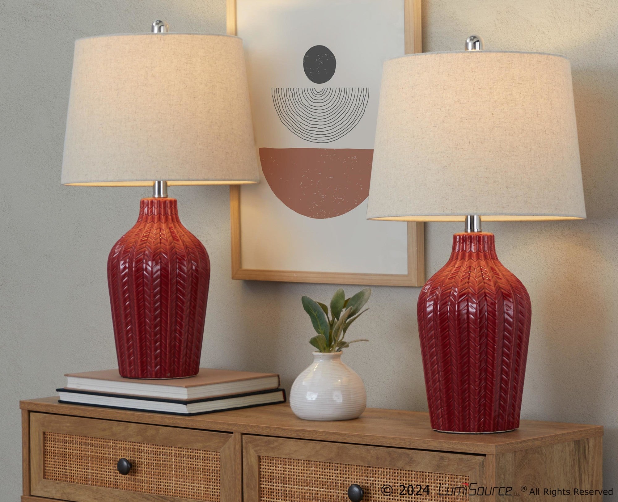 Rockwell 23" Ceramic Table Lamp - Set of 2 - Glossy Brick Red Ceramic, Polished Nickel, Natural Linen