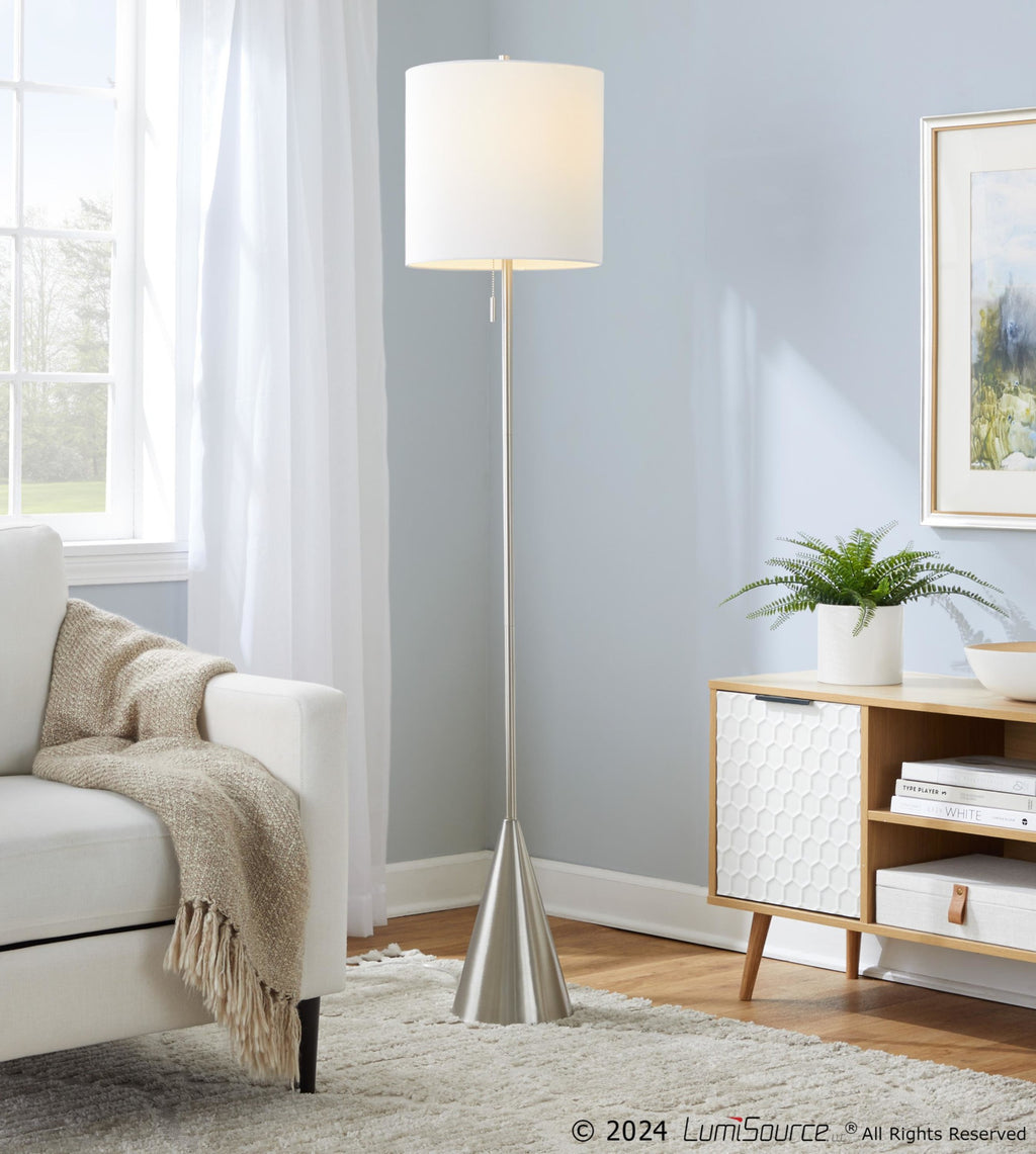 Cone 64" Metal Floor Lamp - Brushed Nickel, White Linen