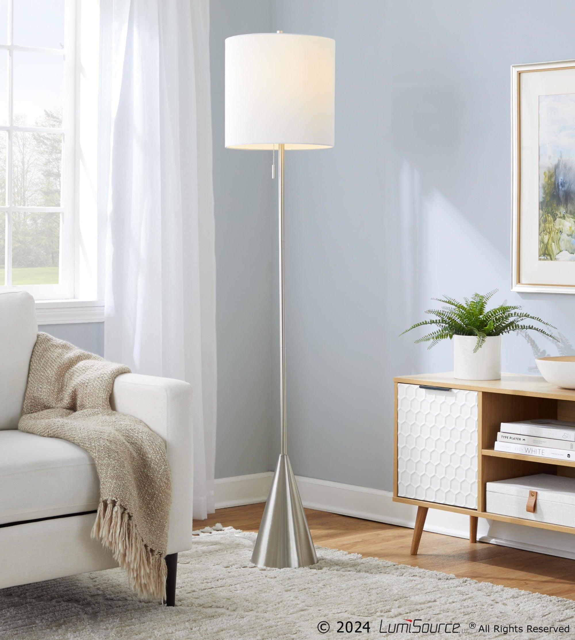 Cone 64" Metal Floor Lamp - Brushed Nickel, White Linen