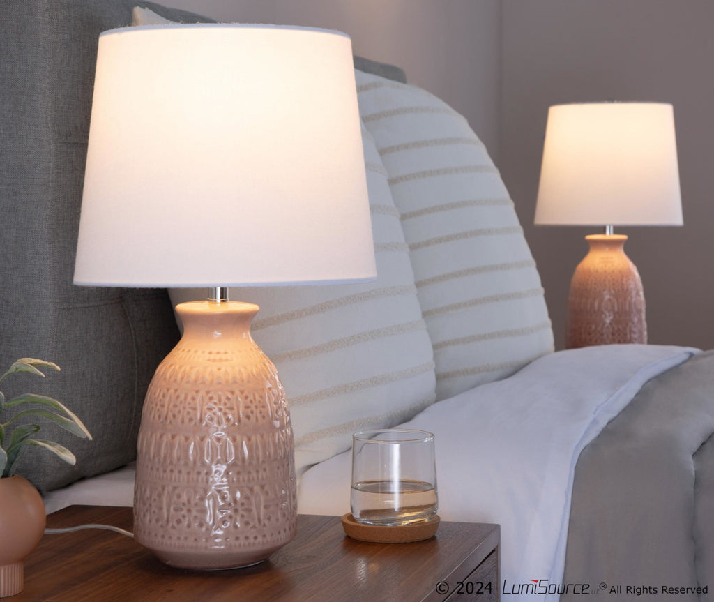 Claudia 20" Ceramic Accent Lamp - Set of 2 - Rose Tan Ceramic, Polished Nickel, White Linen