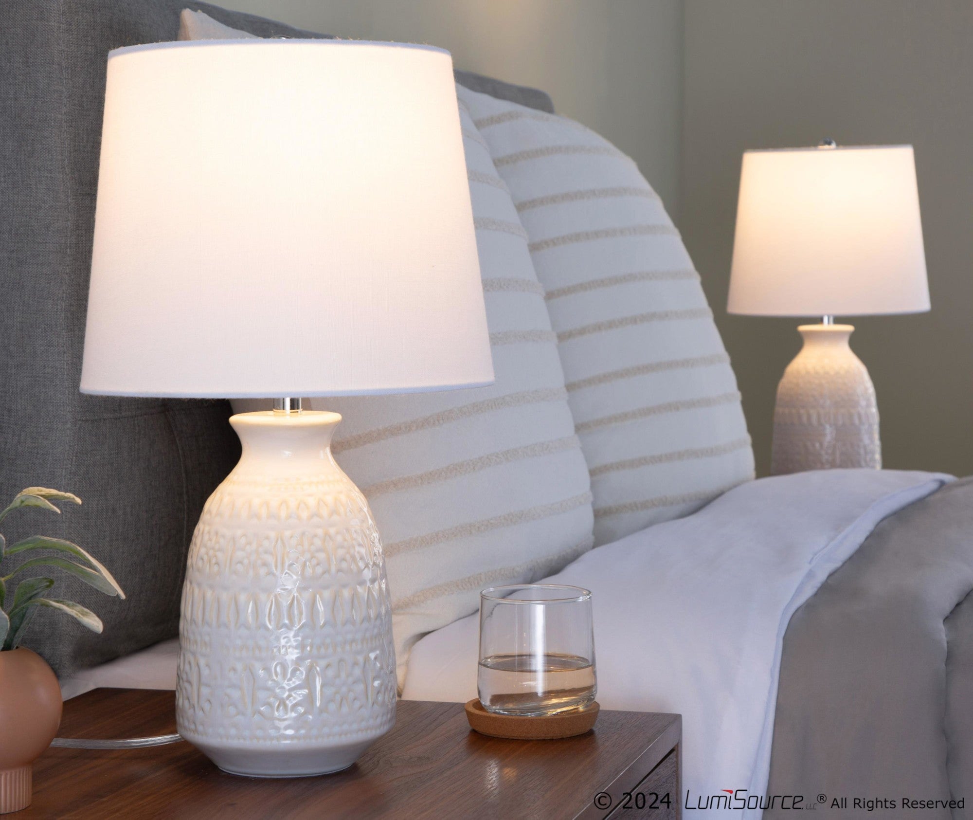 Claudia 20" Ceramic Accent Lamp - Set of 2 - Off-white Ceramic, Polished Nickel, White Linen