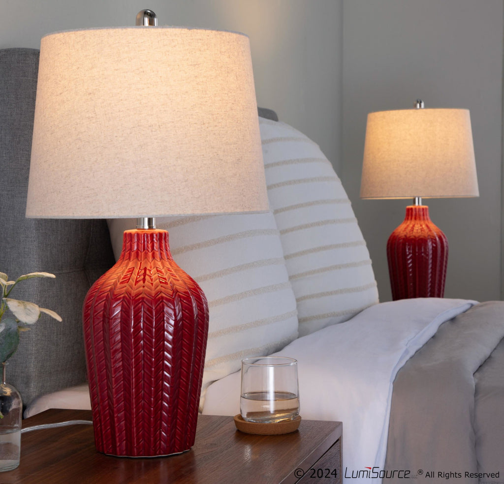 Rockwell 23" Ceramic Table Lamp - Set of 2 - Glossy Brick Red Ceramic, Polished Nickel, Natural Linen