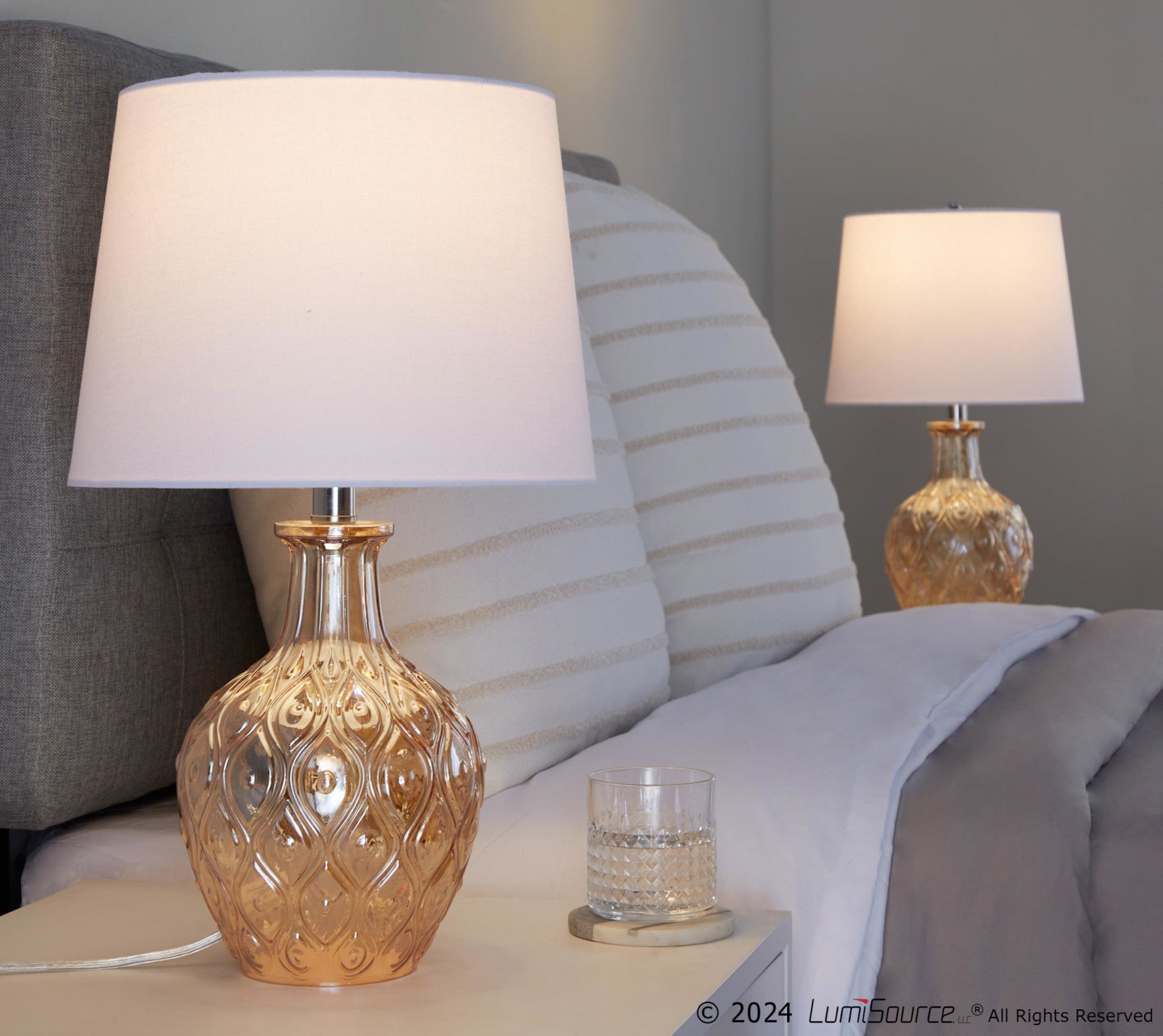 Gloria Round 20" Glass Accent Lamp - Set of 2 - Clear Champagne Lustre Glass, Chrome Metal, White Linen