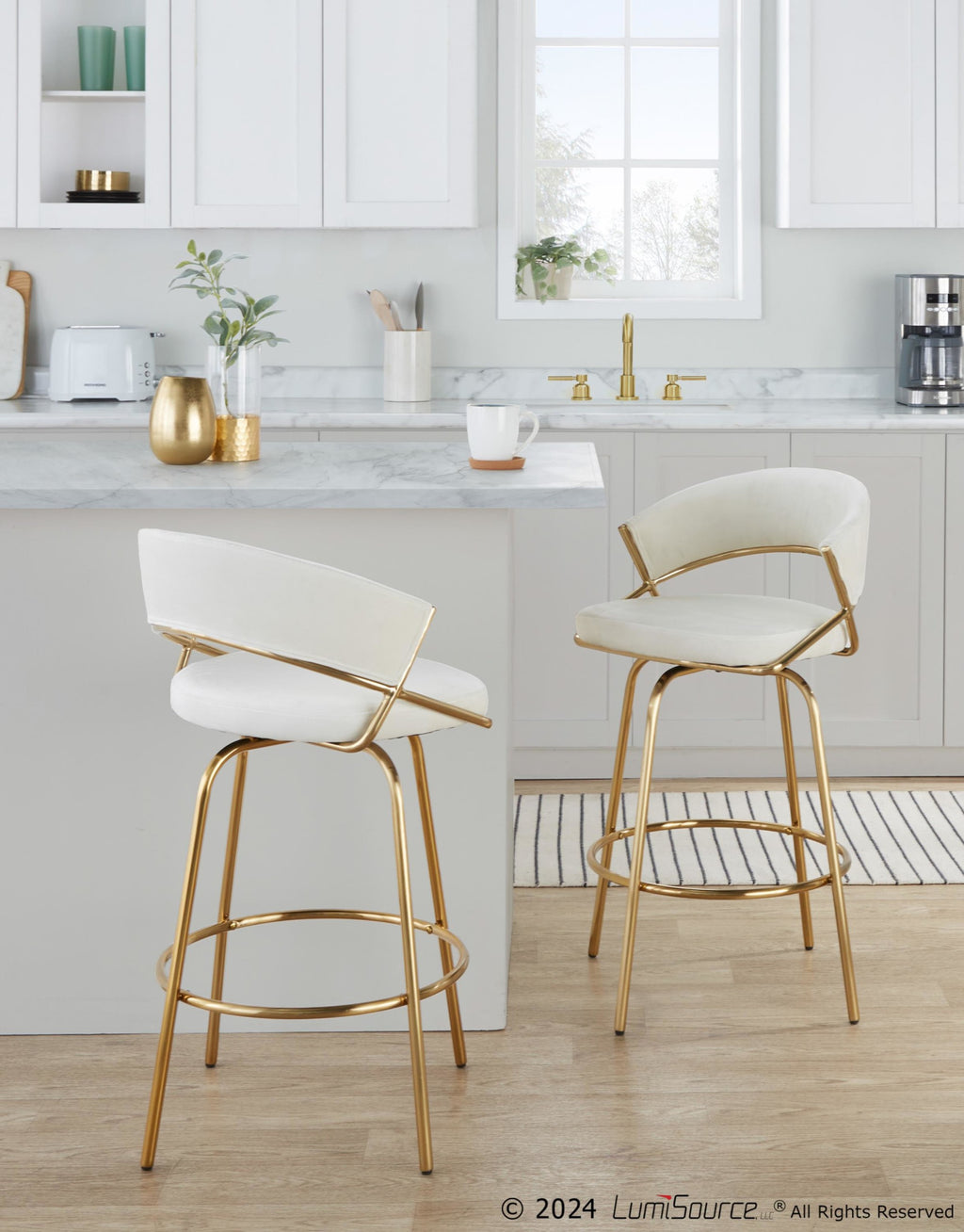 Jie 26" Fixed-Height Counter Stool - Set of 2 - Gold Metal, Cream Velvet