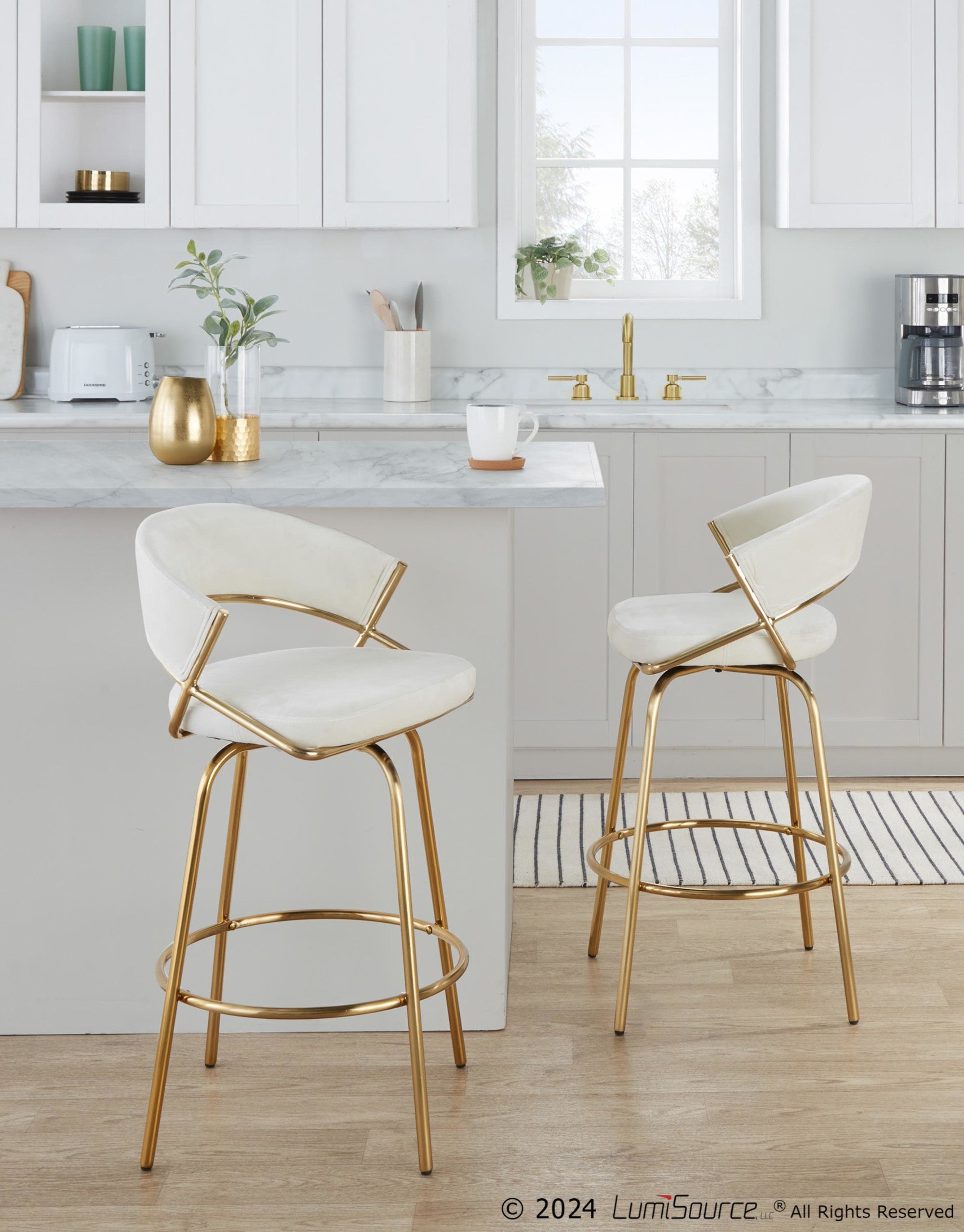 Jie 26" Fixed-Height Counter Stool - Set of 2 - Gold Metal, Cream Velvet