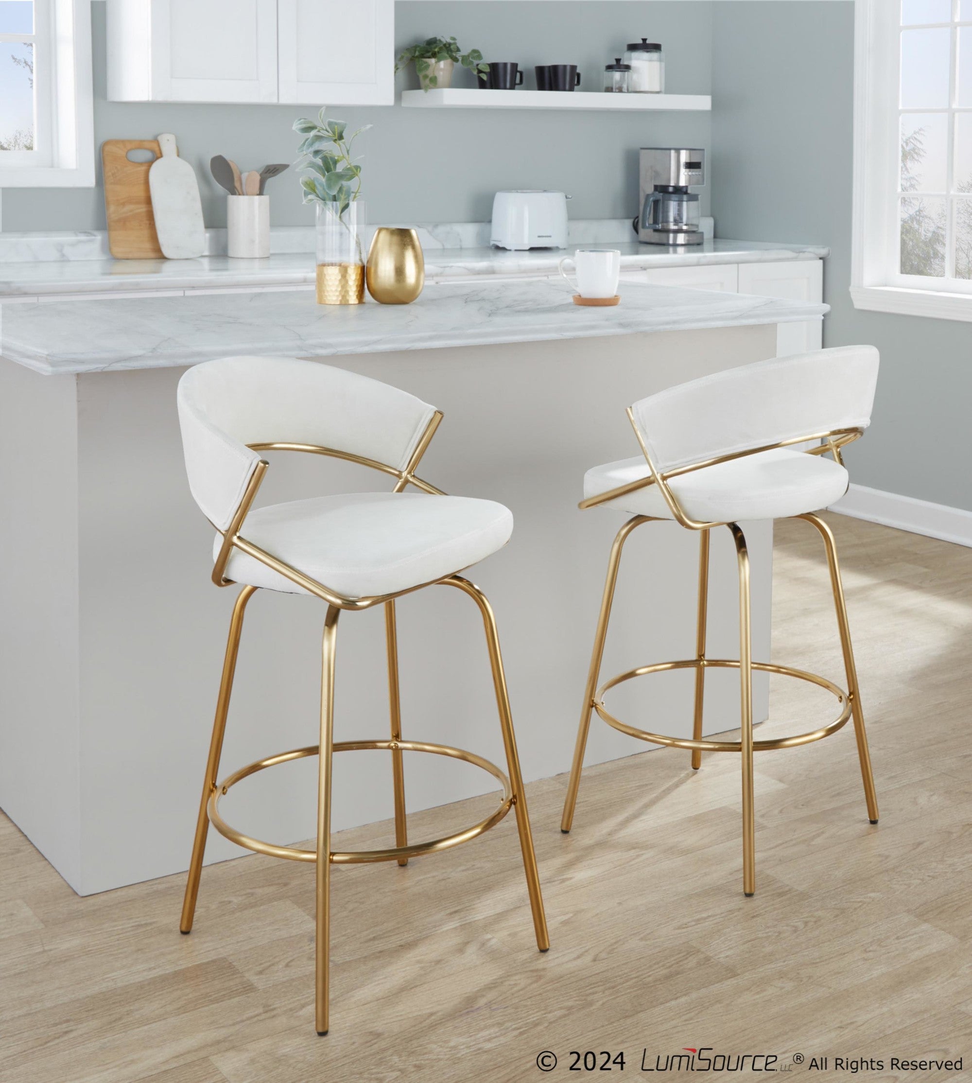 Jie 26" Fixed-Height Counter Stool - Set of 2 - Gold Metal, Cream Velvet