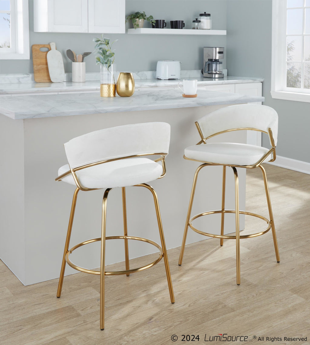 Jie 26" Fixed-Height Counter Stool - Set of 2 - Gold Metal, Cream Velvet