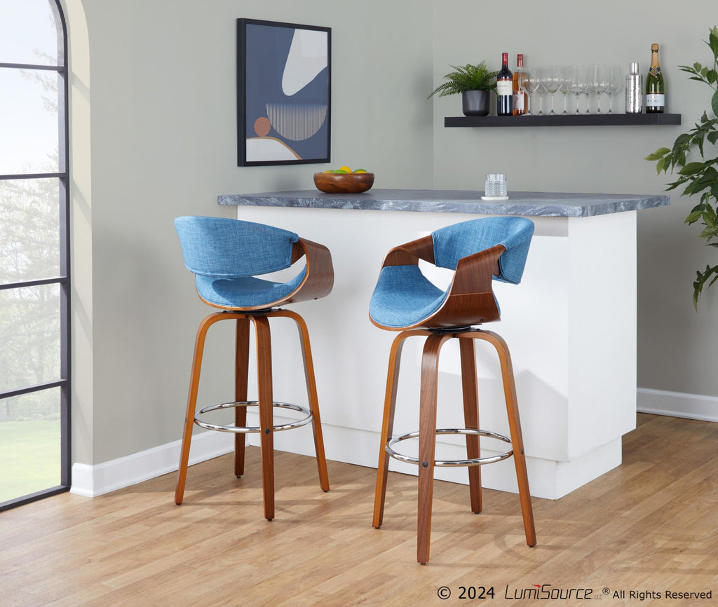 Curvini 30'' Fixed-Height Barstool - Set of 2 - Walnut Wood, Blue Fabric, Chrome