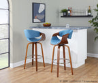Curvini 30'' Fixed-Height Barstool - Set of 2 - Walnut Wood, Blue Fabric, Chrome