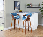 Curvini 30'' Fixed-Height Barstool - Set of 2 - Walnut Wood, Blue Fabric, Chrome