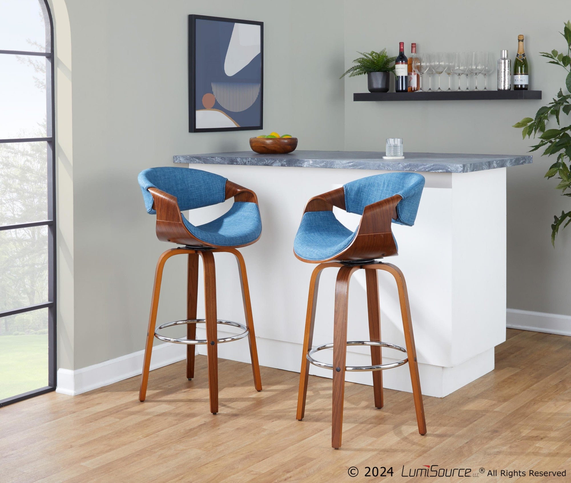 Curvini 30'' Fixed-Height Barstool - Set of 2 - Walnut Wood, Blue Fabric, Chrome