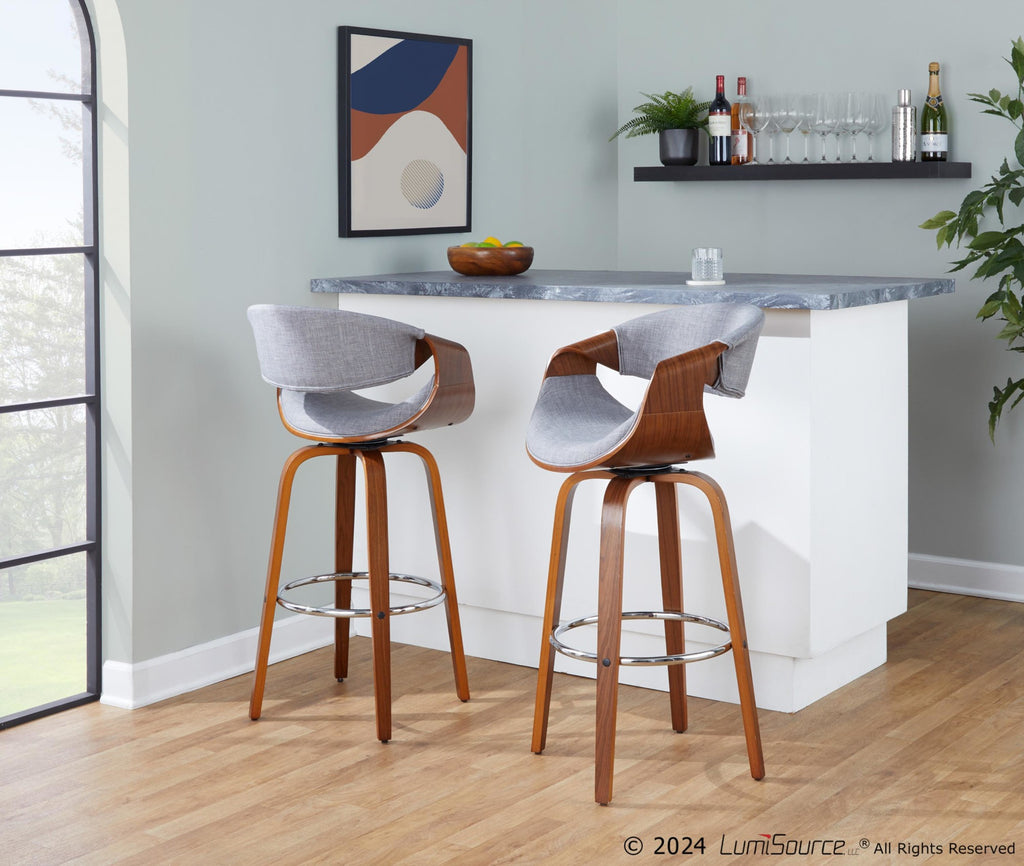 Curvini 30'' Fixed-Height Barstool - Set of 2 - Walnut Wood, Grey Fabric, Chrome