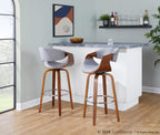 Curvini 30'' Fixed-Height Barstool - Set of 2 - Walnut Wood, Grey Fabric, Chrome