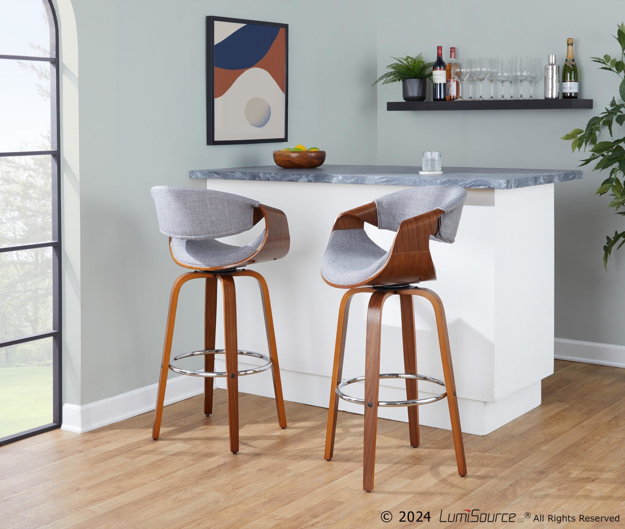 Curvini 30'' Fixed-Height Barstool - Set of 2 - Walnut Wood, Grey Fabric, Chrome
