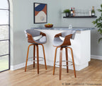 Curvini 30'' Fixed-Height Barstool - Set of 2 - Walnut Wood, Grey Fabric, Chrome