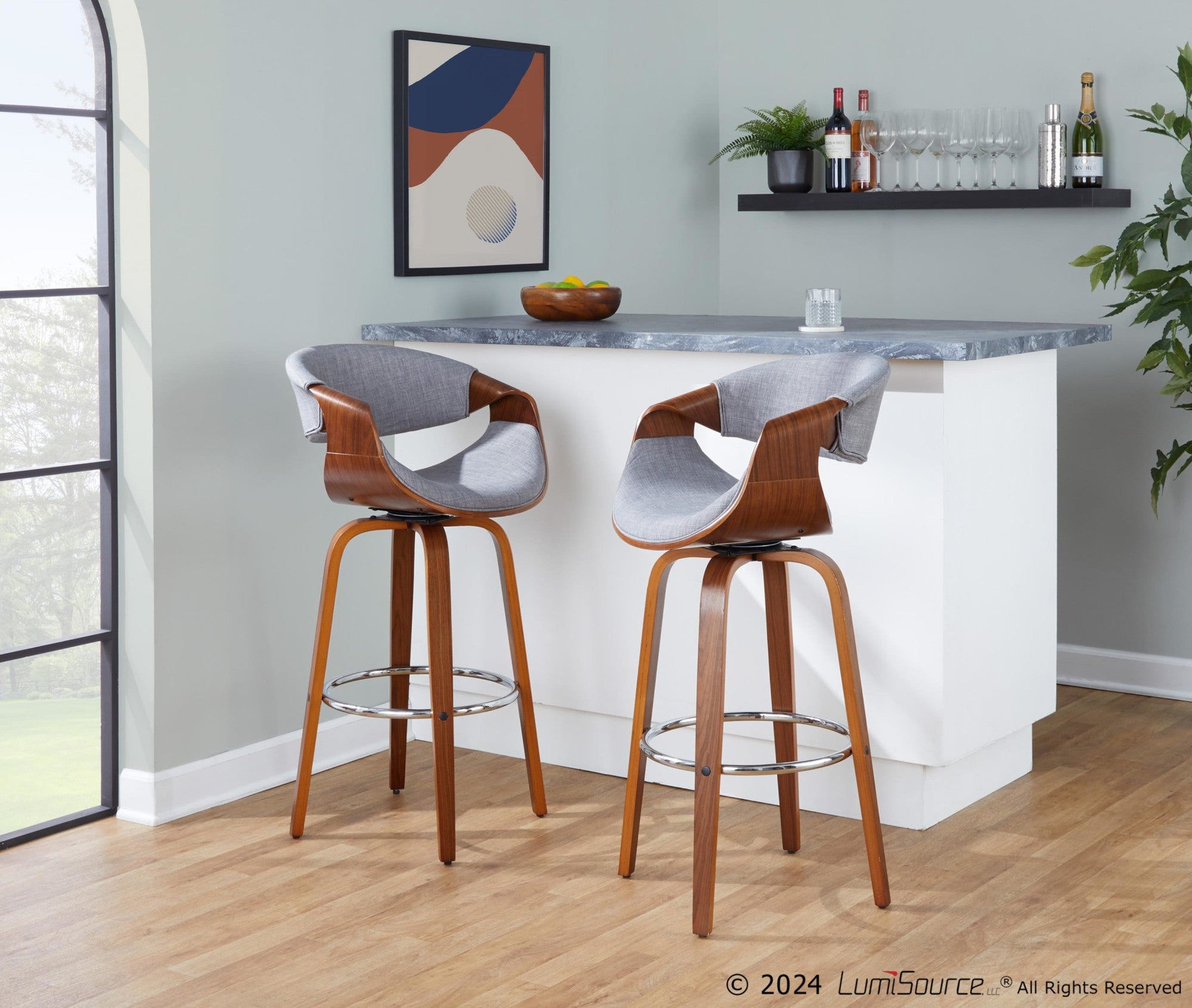 Curvini 30'' Fixed-Height Barstool - Set of 2 - Walnut Wood, Grey Fabric, Chrome