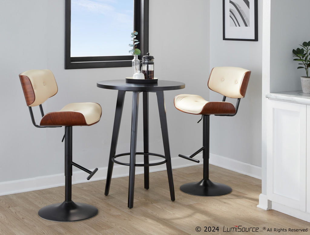 Lombardi Adjustable Barstool - Set of 2 - Black Metal, Walnut Wood, Cream PU