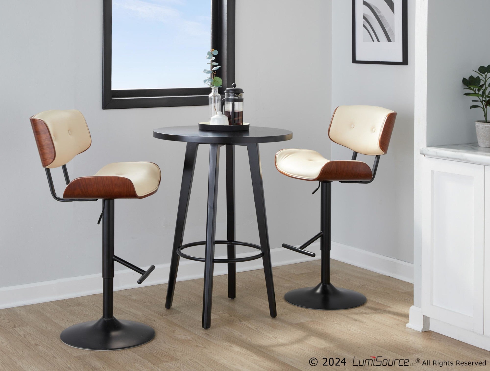 Lombardi Adjustable Barstool - Set of 2 - Black Metal, Walnut Wood, Cream PU