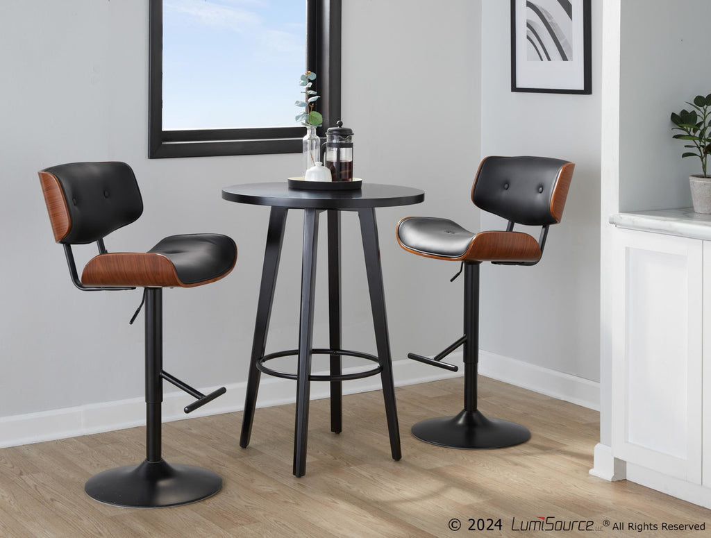 Lombardi Adjustable Barstool - Set of 3 - Black Metal, Walnut Wood, Black PU