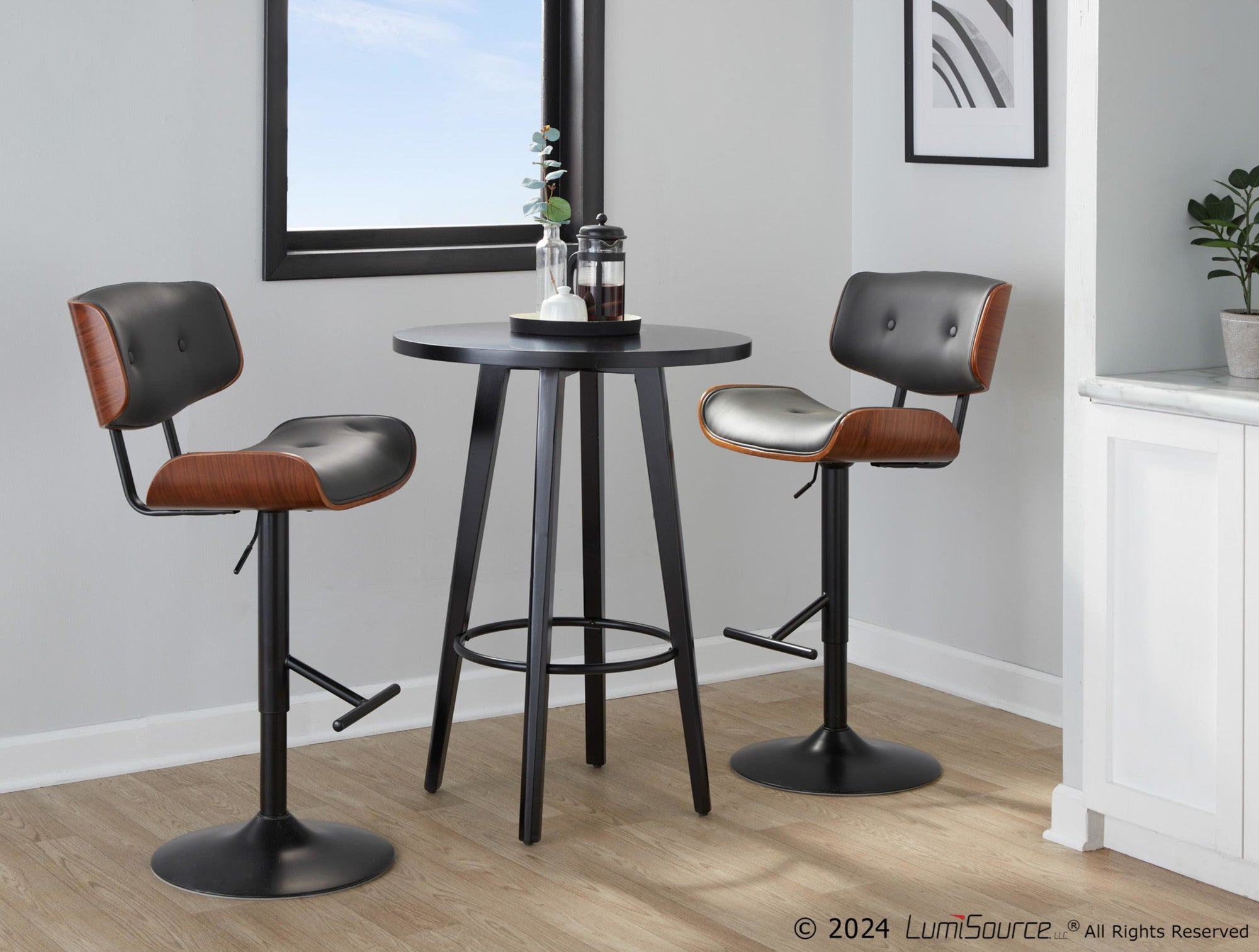 Lombardi Adjustable Barstool - Set of 3 - Black Metal, Walnut Wood, Grey PU