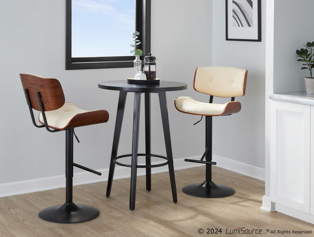 Lombardi Adjustable Barstool - Set of 2 - Black Metal, Walnut Wood, Cream PU