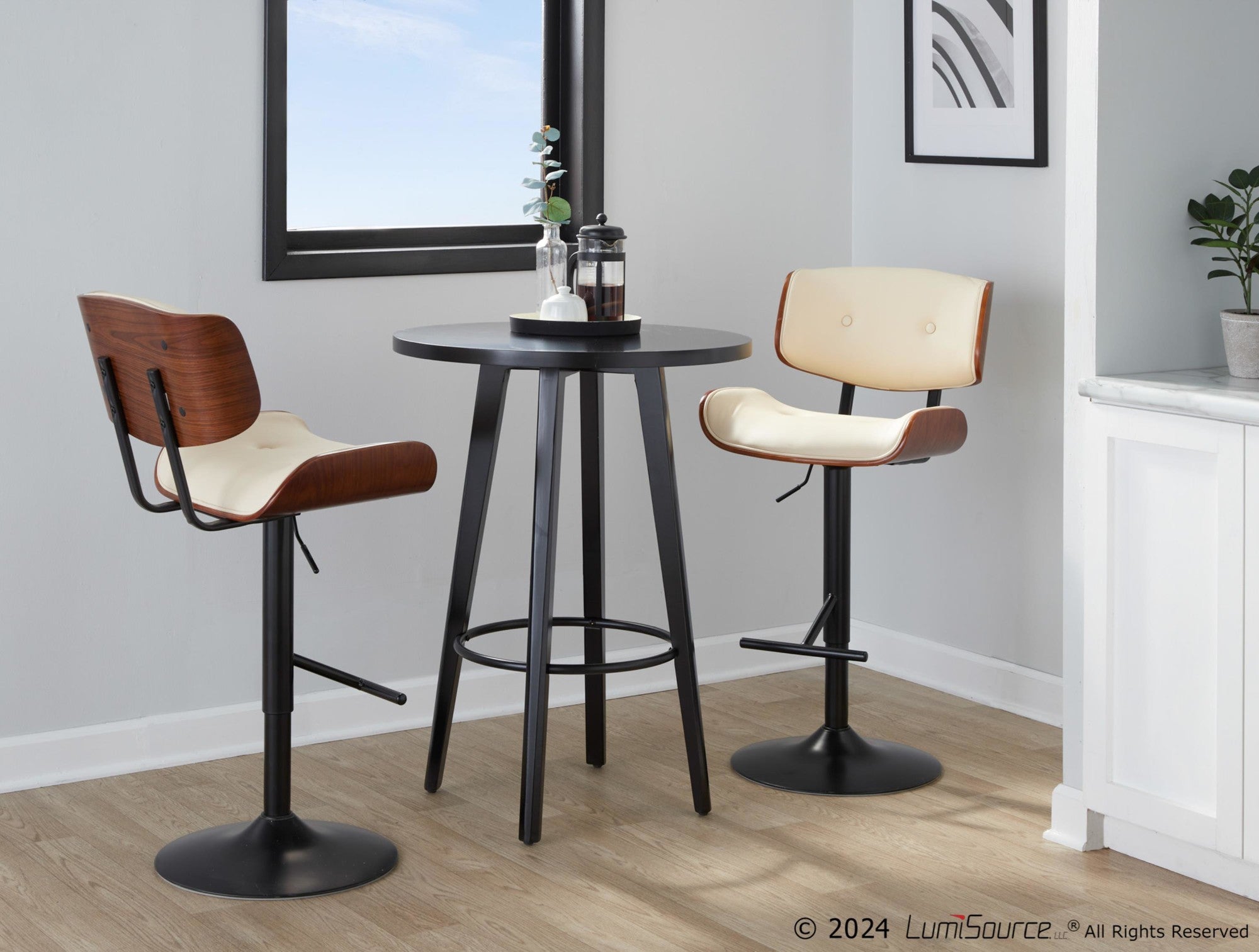 Lombardi Adjustable Barstool - Set of 3 - Black Metal, Walnut Wood, Cream PU