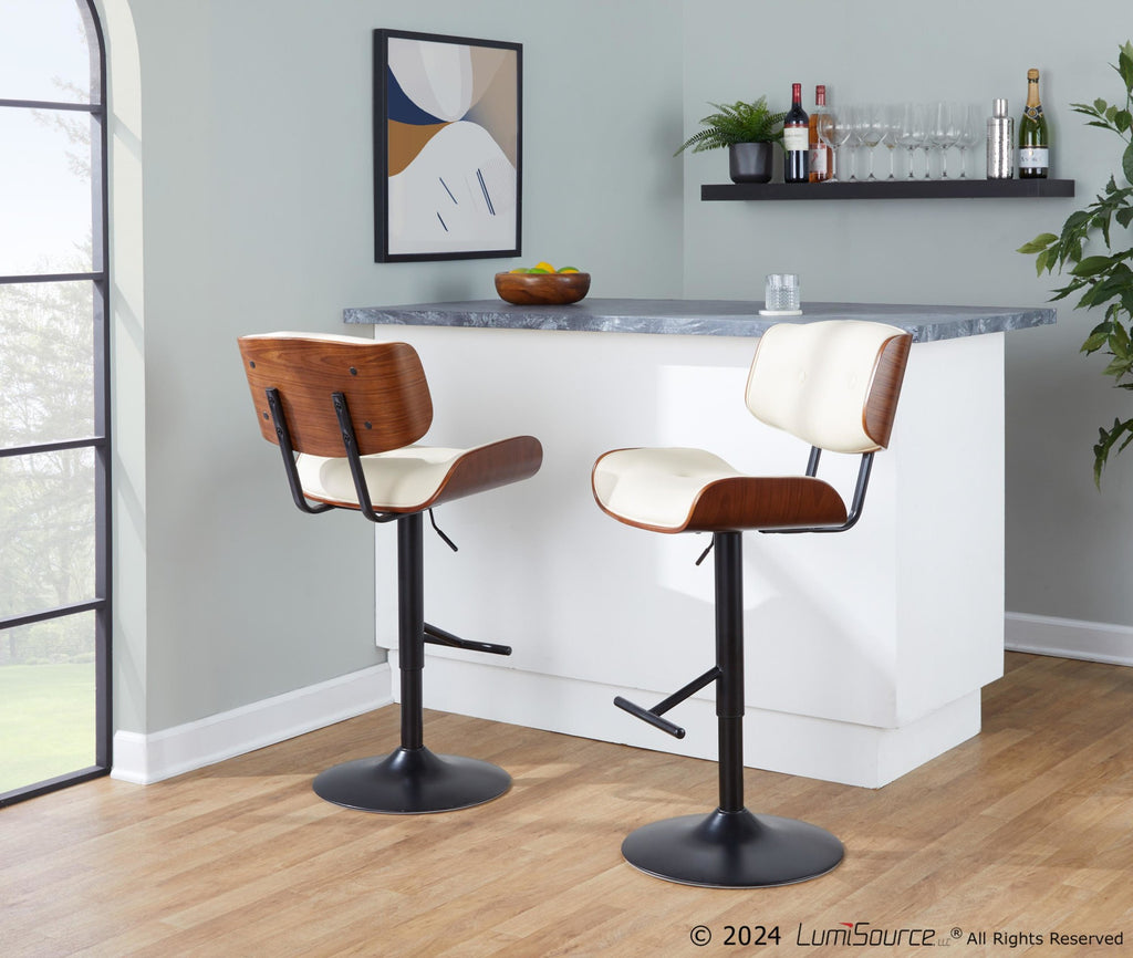 Lombardi Adjustable Barstool - Set of 3 - Black Metal, Walnut Wood, Cream PU
