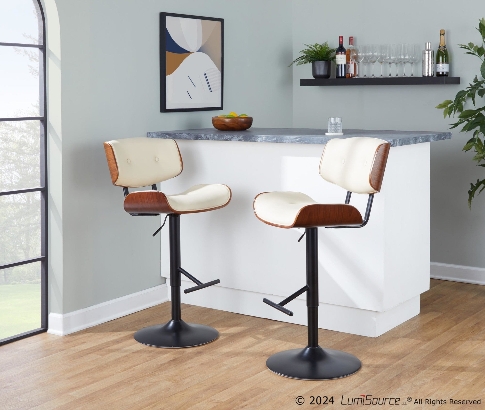 Lombardi Adjustable Barstool - Black Metal, Walnut Wood, Cream PU
