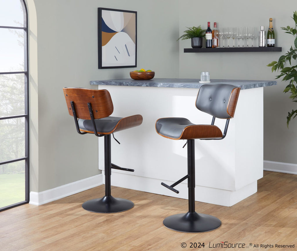 Lombardi Adjustable Barstool - Set of 3 - Black Metal, Walnut Wood, Grey PU