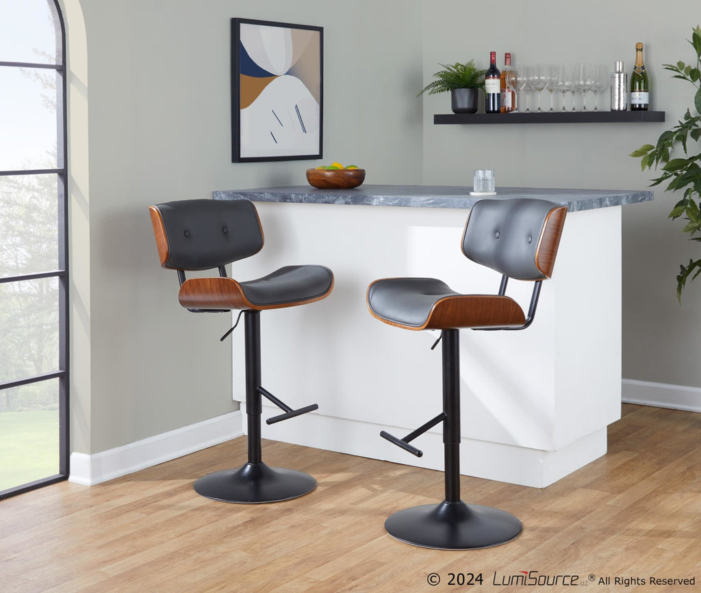 Lombardi Adjustable Barstool - Set of 3 - Black Metal, Walnut Wood, Grey PU