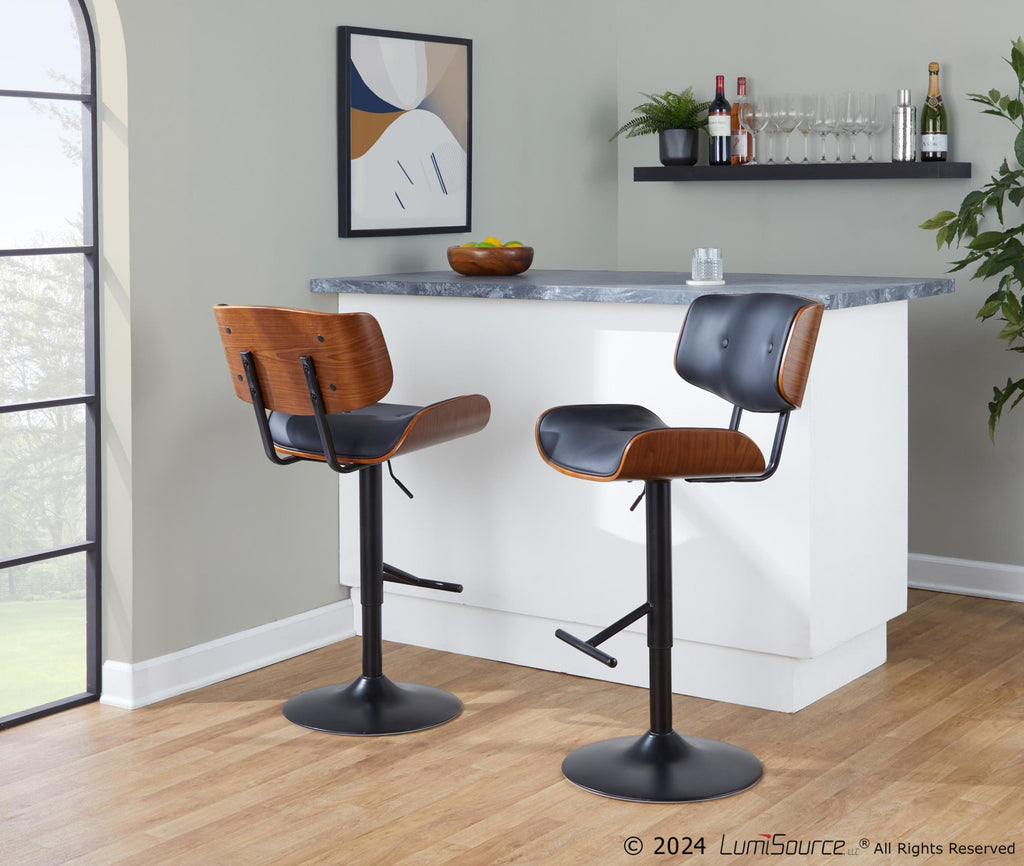Lombardi Adjustable Barstool - Set of 2 - Black Metal, Walnut Wood, Black PU