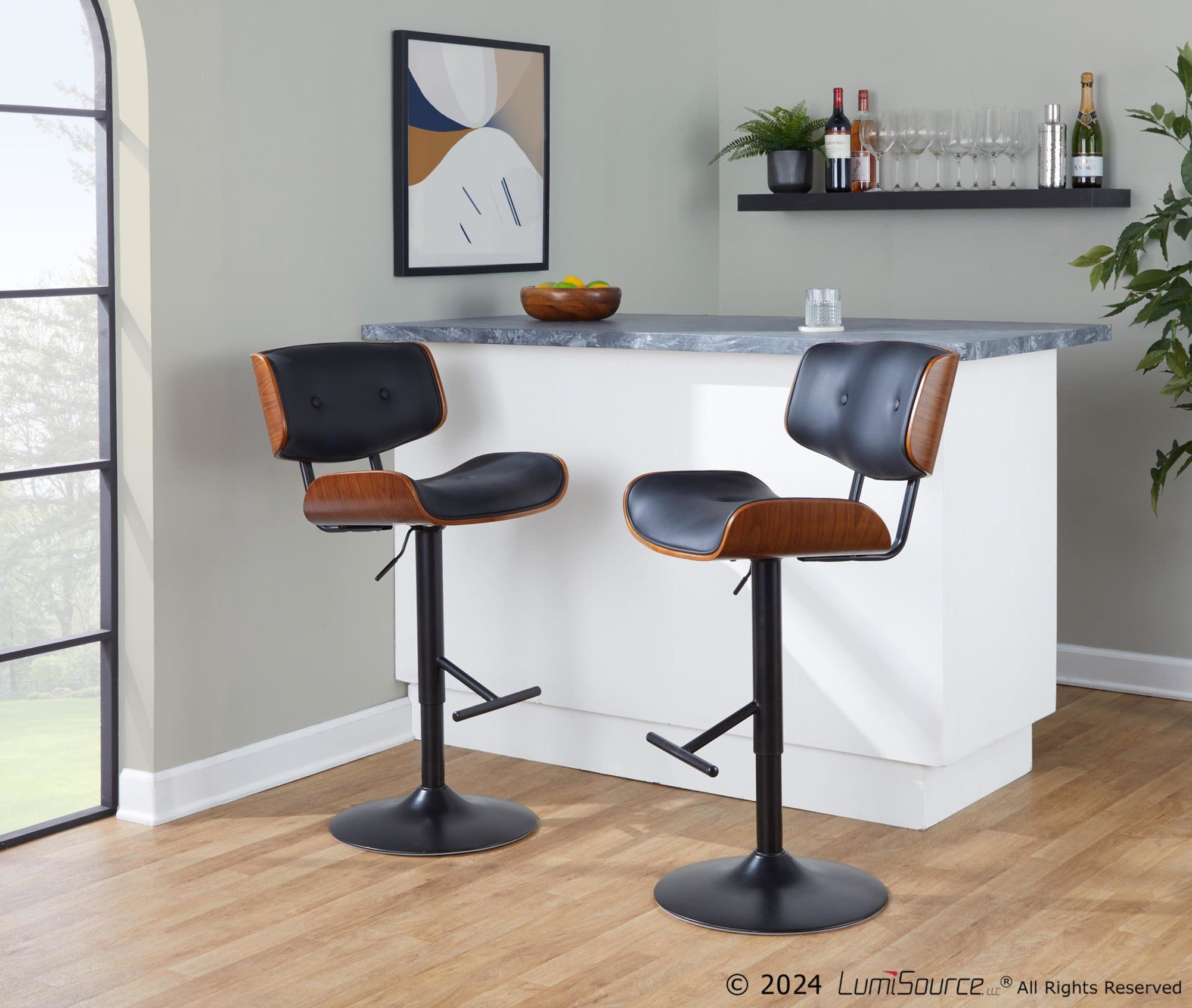 Lombardi Adjustable Barstool - Set of 2 - Black Metal, Walnut Wood, Black PU